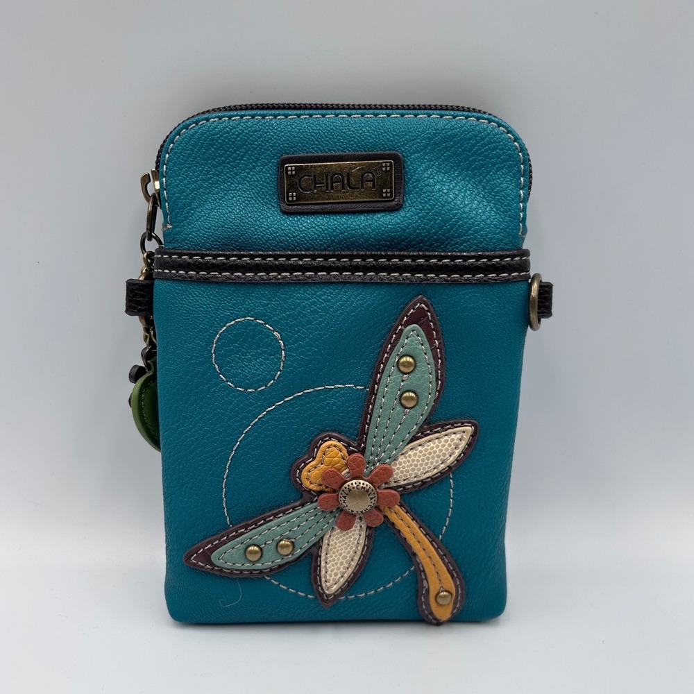 Chala Dragonfly Cell Phone Crossbody Bag Teal Vegan Leather Wristlet Organizer